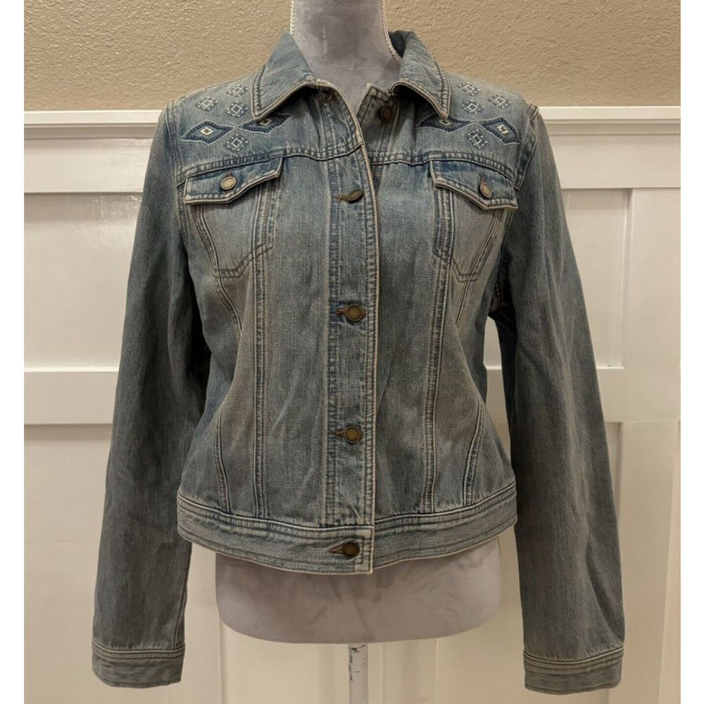 Chaps Ralph Lauren Women's L Blue Denim Embroidered Trucker Jacket Boho Y2K